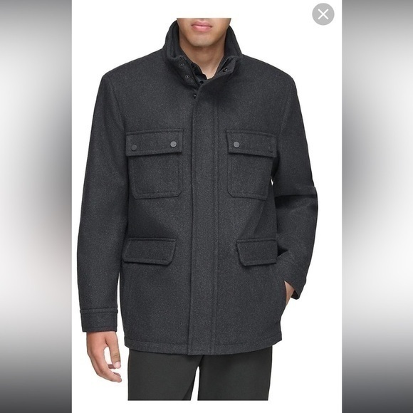 Andrew Marc Men's Dunbar Military Melton Wool Coat - Charcoal Large Jacket